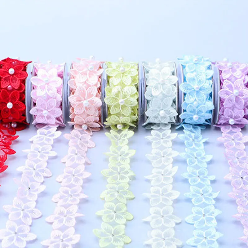 1 Roll  Lace Flower Pearl Beaded Embroidered Ribbon Trim Fringe Fabric Handmade Dress DIY Clothing Sewing Supplies
