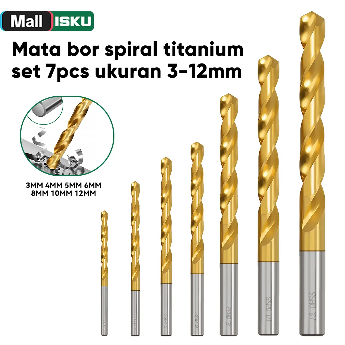 ISKU Mata Bor HSS Titanium Coated Twist Drill Set 7pcs 3-12mm untuk Besi Kayu Logam