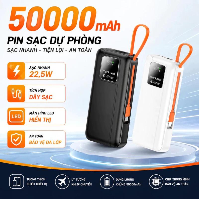 Sạc Dự Phòng 50000mAh 2 Output USB 2 Input Micro Type-C - Hỗ Trợ Sạc Nhanh Có CCC An Toàn Chống Cháy