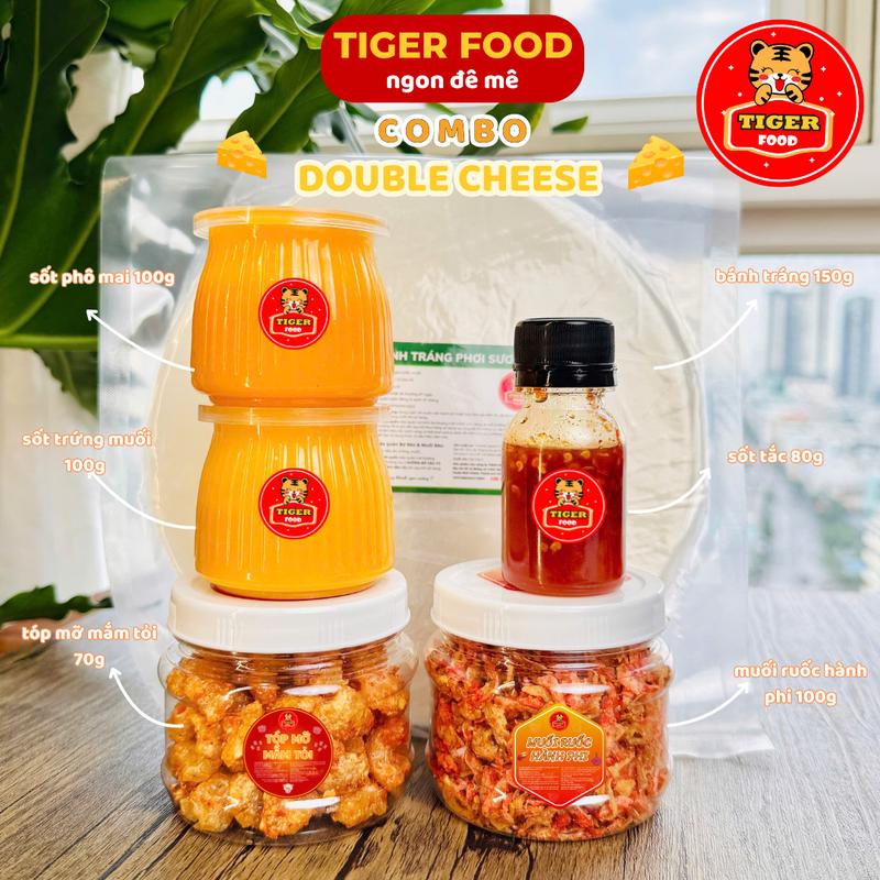 Bánh Tráng Sốt Phô Mai TIGER FOOD  - COMBO DOUBLE CHEESE Bánh tráng phơi sương tóp mỡ + ruốc hành phi + sốt phô mai + sốt trứng muối - sốt tắc Đồ ăn vặt Snack