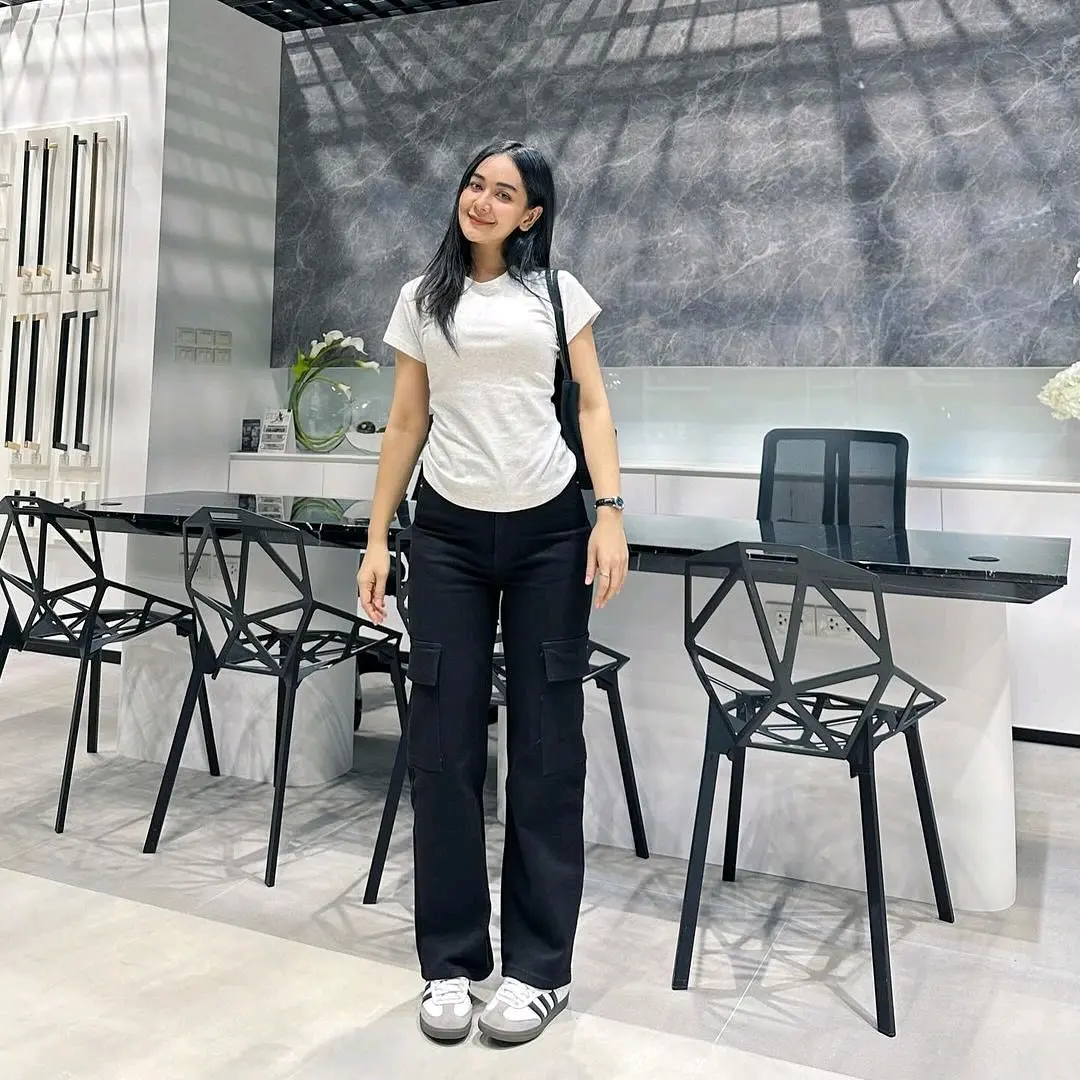 Celana Cargo Jeans Wanita Kantong Samping Premimum Bawahan High Panjang Waist