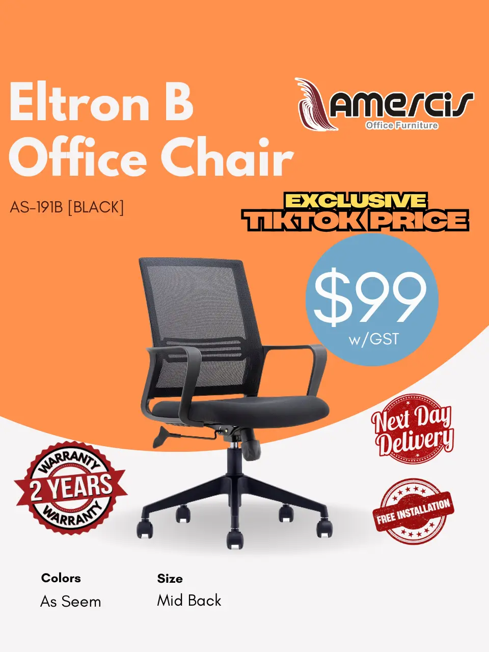 Amercis Mid Back Eltron B Mesh Chair AS-191B