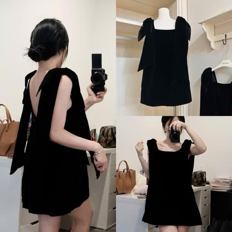    Kèm quần bảo hộ  Váy Nhung Đính Nơ Vai Cổ Vuông Hở Lưng Váy Tiểu Thư - Hân Linh shop 