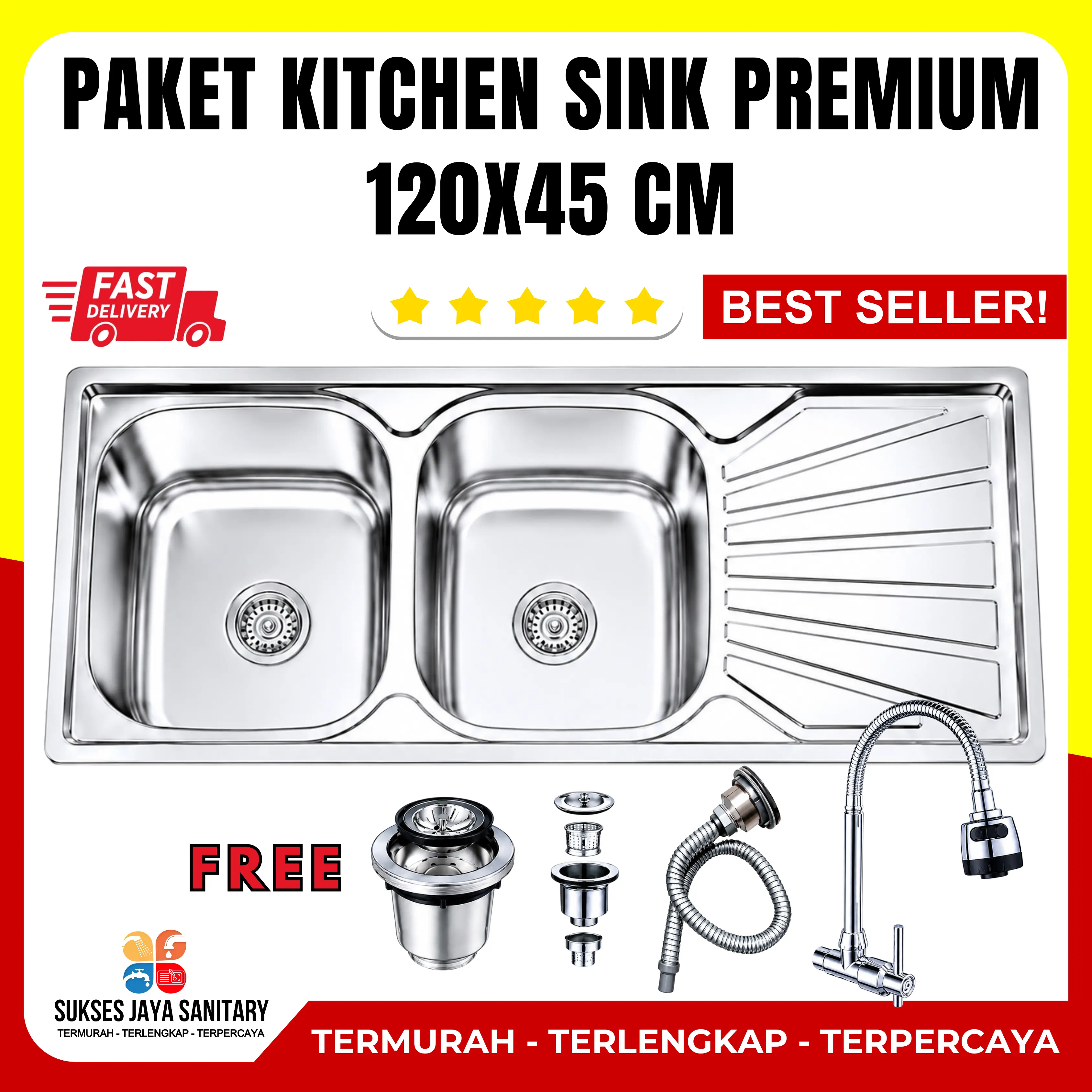 Bak Cuci Piring / Wastafel Cuci Piring 2 Lubang Sayap Stainless 120x45 Cm Free Selang + Afur + Kran Stainless Paket Lengkap Wastafel cuci piring Kitchen Sink sus 304 wastafel dapur wastafel sink  kitchen