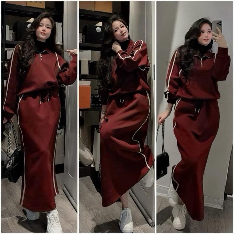  Bộ VIỀN TRẮNG áo phối khoá+ chân váy dài bigsize chất nỉ hàn dày dặn 