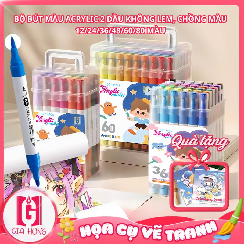 Bút Màu Acrylic Marker 2 Đầu Brush Và Đầu Tròn 12/24/36/48/60/80, Bút Đánh Dấu Acrylic 2 Đầu Cỡ Lớn Nhanh Khô Chống Thấm Nước DIY - Màu Vẽ Tươi Sáng Cho Bé