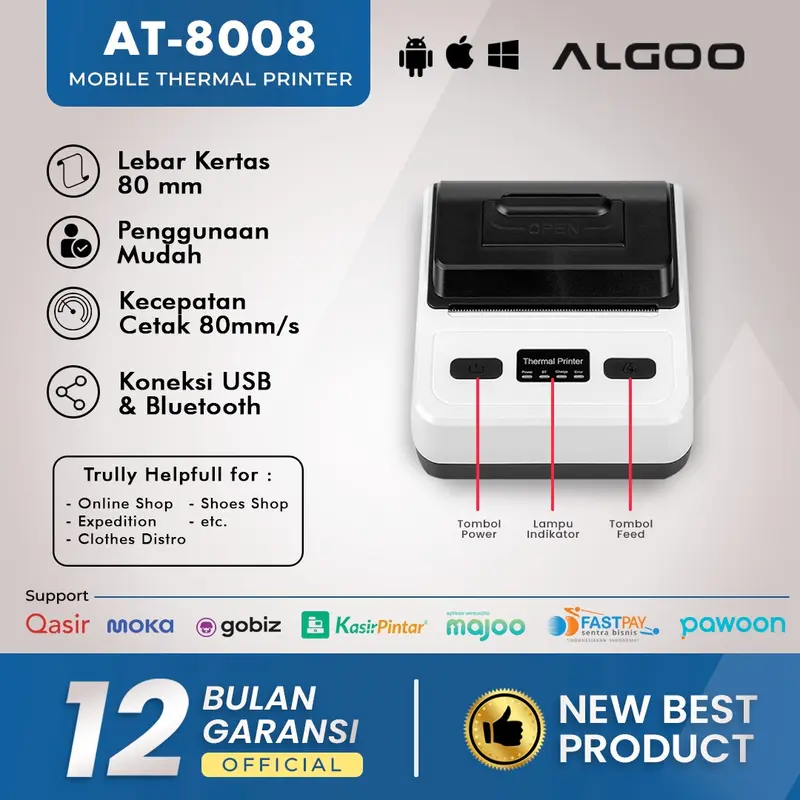 ALGOO AT 8008 Printer Thermal Struk Nota Bluetooth Dengan Baterai 2