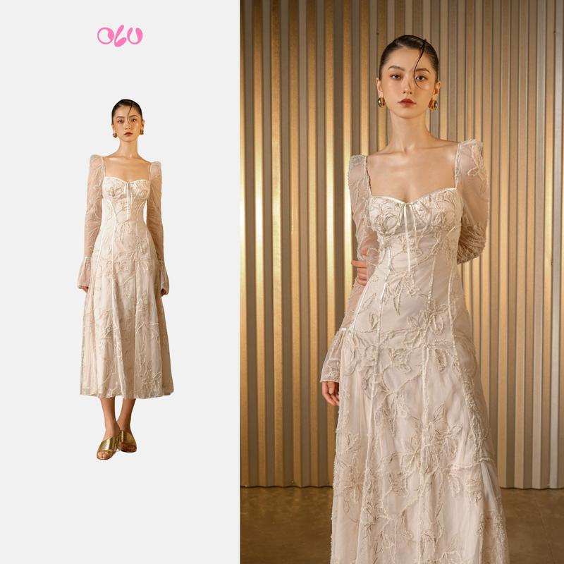  Đầm dài cổ vuông cúp ngực voan ren hoa sang trọng nữ tính Valerie phù hợp đi tiệc OLV 