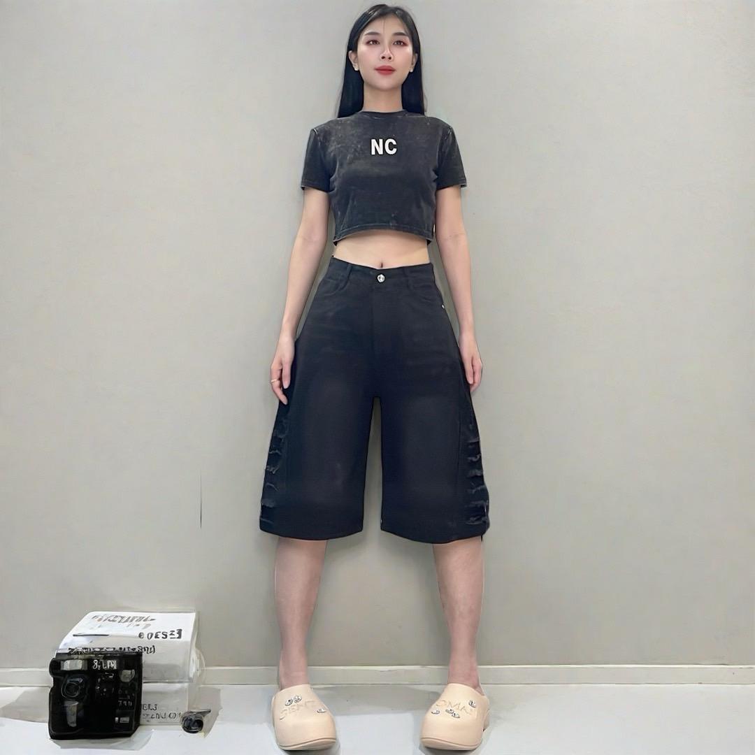 NAMCHAกางเกงยีนส์5ส่วน กางเกงยีนส์เอวสูง แต่งขาดข้าง 338