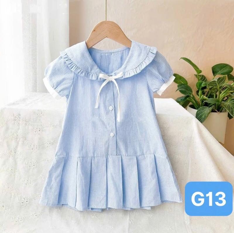   8-35kg -Dung Kids 02 - G13 Váy xanh kẻ nhỏ cổ bèo nơ chân xếp ly đuôi cá xinh xắn cho bé gái 