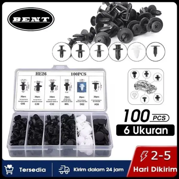 bp - 100 pcs baut rivetr mobil / universal klip bumper baut body plastk mobil kancing probolt clip motor serbaguna