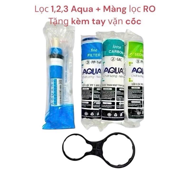 COMBO 4 LÕI LỌC NƯỚC GỒM 123 + Màng RO aqua tặng kèm tay vặn cốc màng RO Bộ lọc nước thay thế cho máy lọc nước RO sản suất tại Việt Nam