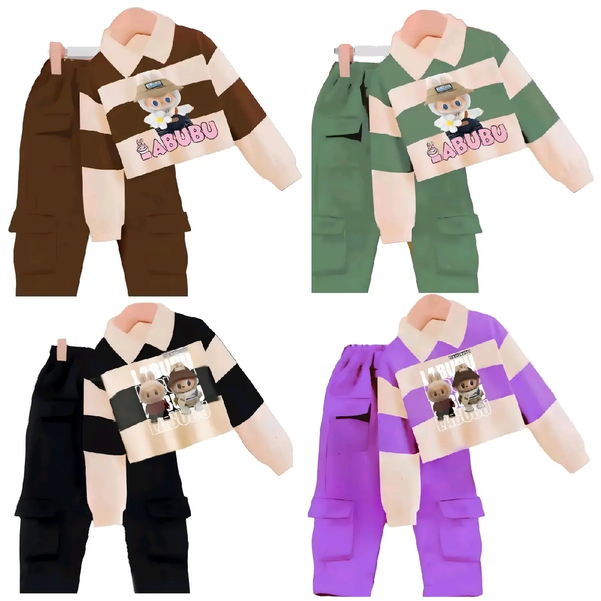 Setelan Anak Labubu Kerah Kombinasi Warna Korean Style Usia 3-12 Tahun - Fashion, Celana