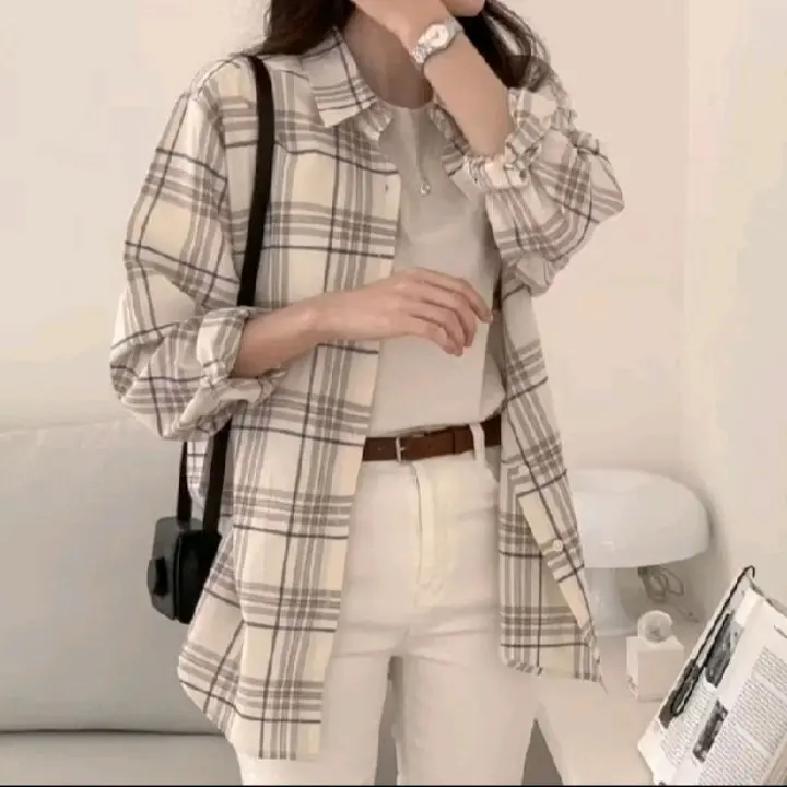 Outfit Wanita Kekinian Atasan Kemeja Flanel Lengan Panjang Casual