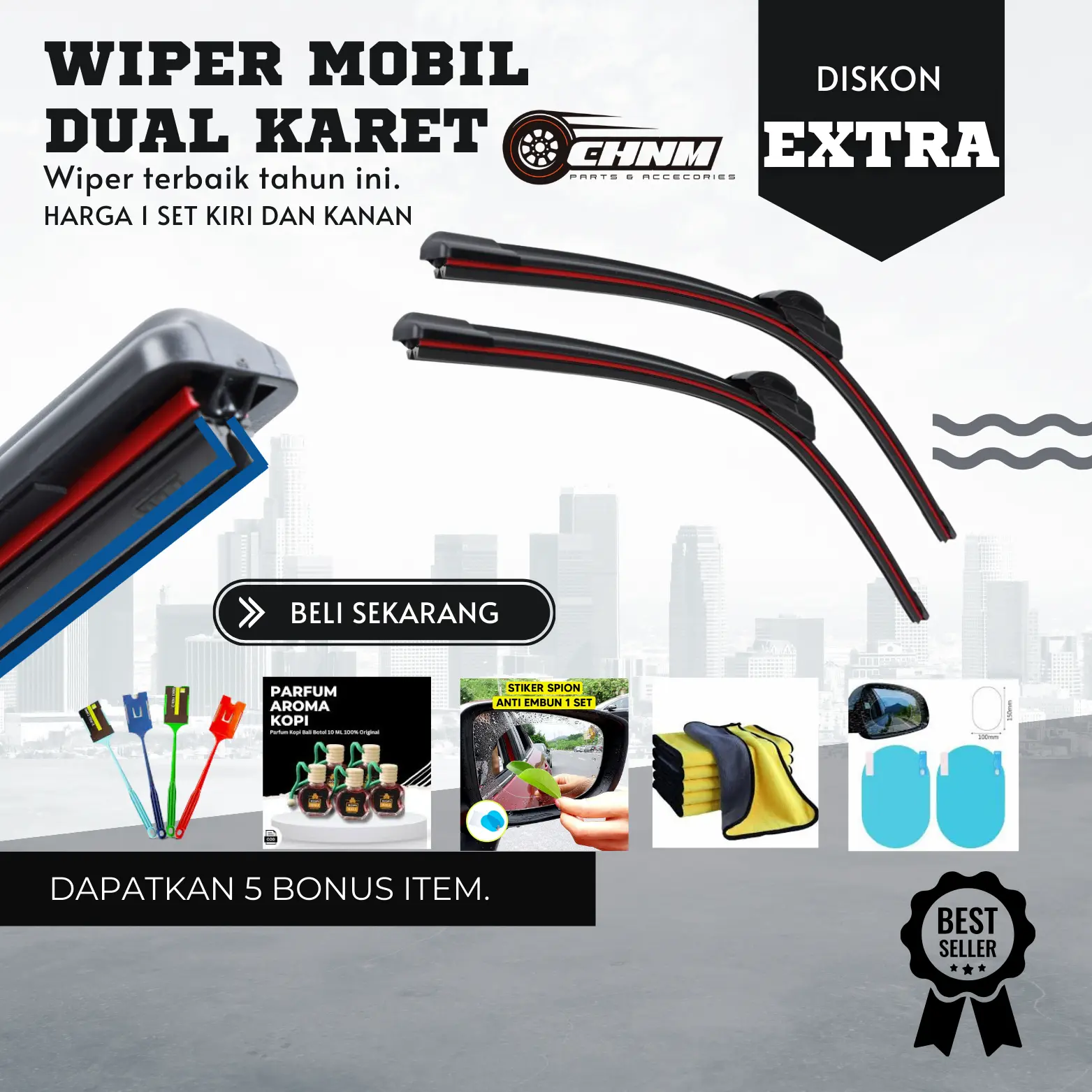 Wiper Dual Karet Blade Mobil 1 Set Kiri dan Kanan Bonus 5 Item Universal Semua Jenis Mobil Karet Ganda Kaca Depan Pembersih Kendaraan