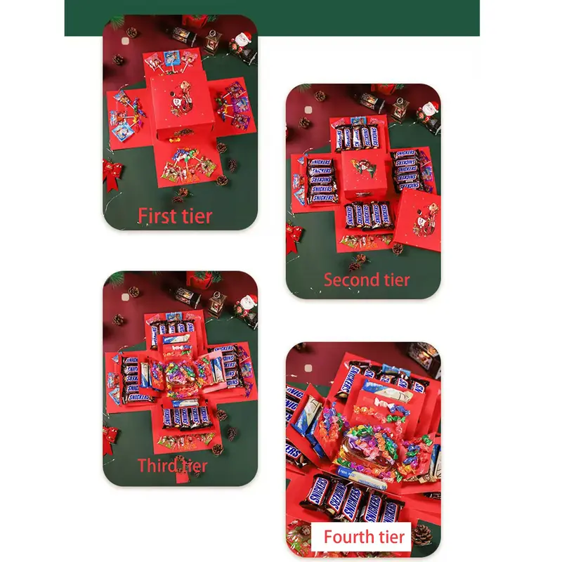 Product Introduction of 5-Story Surprise Explosion Gift Box with Ribbon, Multi-Pocket Snack & Candy Storage, Perfect for Birthdays, Festivals, Holidays 10