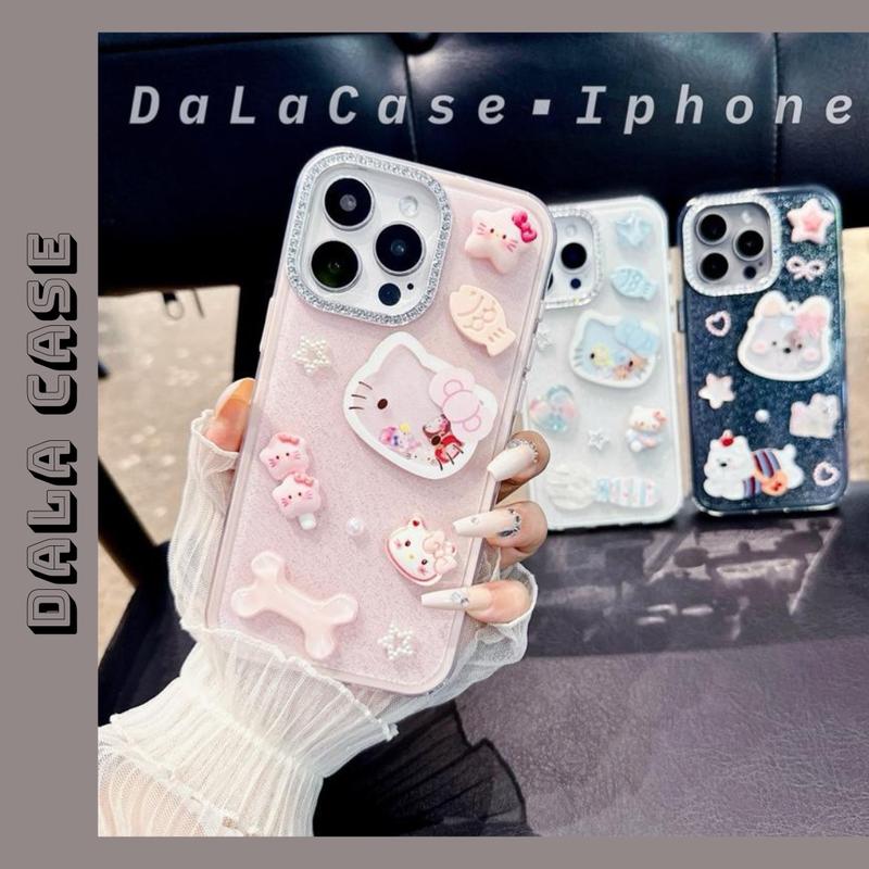 Ốp Lưng Nhũ 2 Lớp Hồng Kem Đen Charm Kitty/Cún Lắc + Nĩa Cá Xương