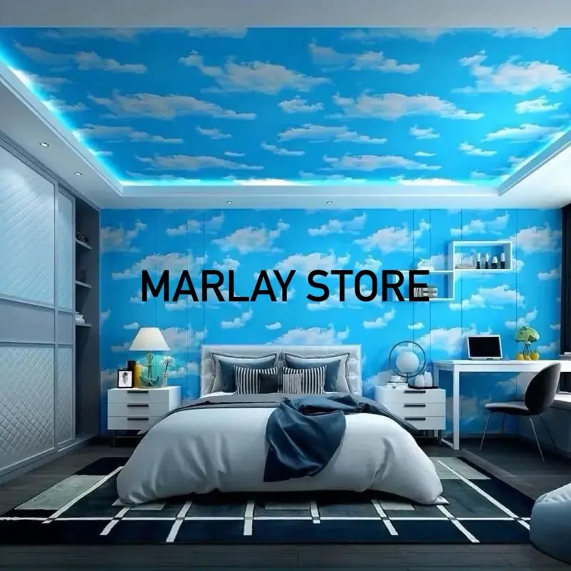 WALLPAPER MURAH | MOTIF AWAN ukuran 7-8 m x 45cm Pvc Vinyl Anti Statis warna kulit Kamar Tidur Blue anti jamur wave biru wallpaper & dekorasi dinding tahan lembap ruang tamu penutup plafon atap wood coklat 0