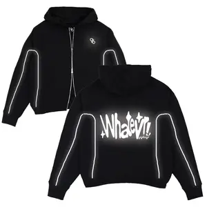 Hoodie Boxy Double Zipper Oversize List Menyala Sablon Reflective Whatever Hitam