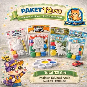 [12 Pcs] PAKET HEMAT Lukis Patung Gypsum Mainan Edukasi Anak Mewarnai Patung Gypsum Karakter dengan 3 Warna Cat Air Kemasan Menarik