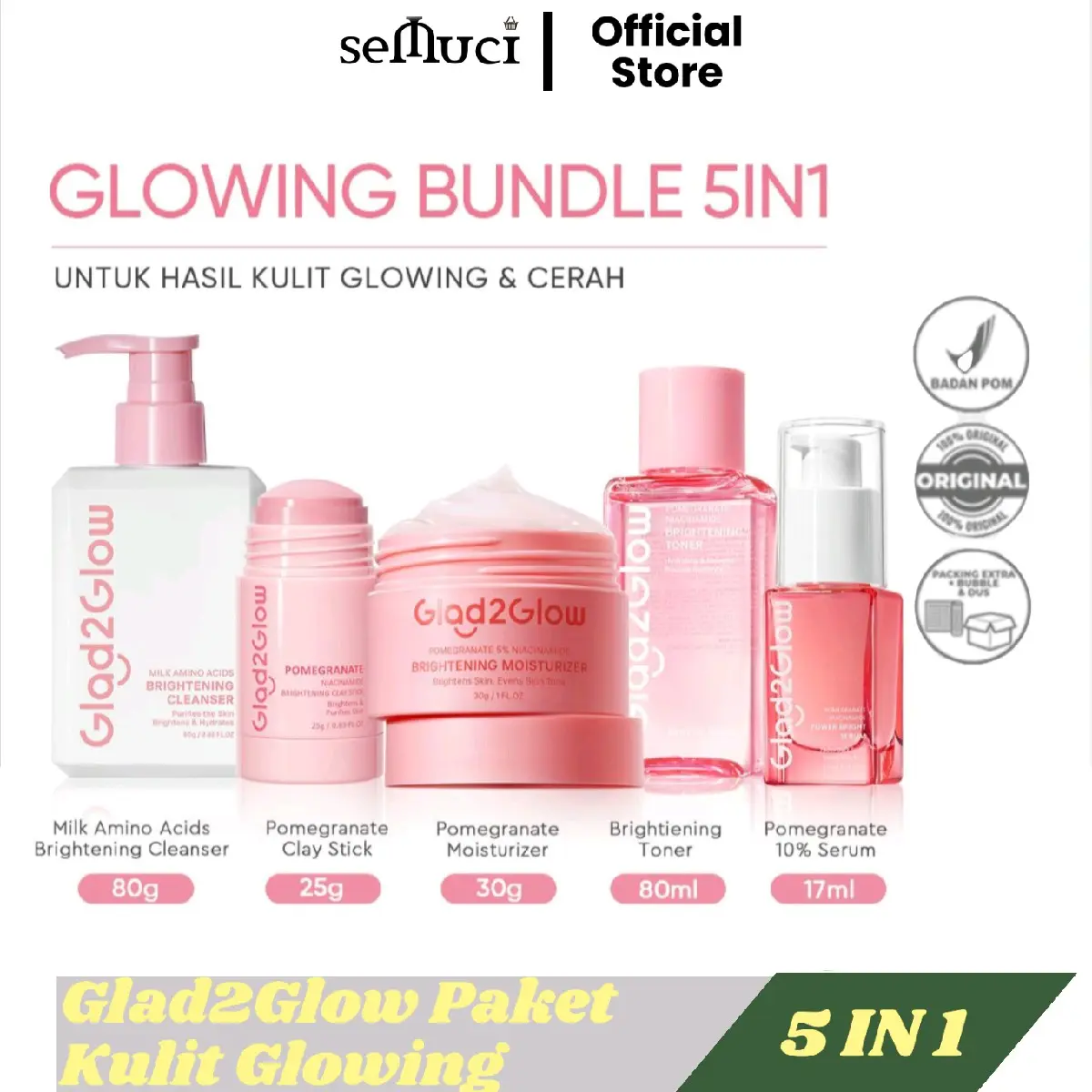Paket Pemutih Wajah Glad2Glow Glowing bundle All in 1 | Skincare Brightening Pencerah Muka gald 2 glow
