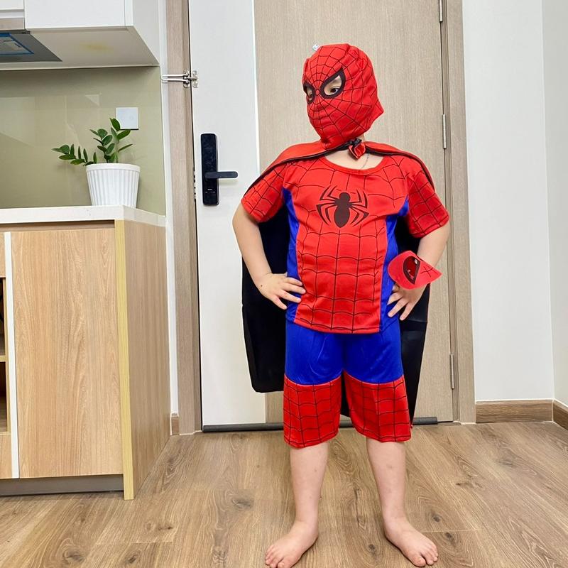(SN13+Áo Choàng)Bộ quần áo siêu nhân nhện và áo choàng siêu nhân, kèm phụ kiện cho bé trai từ 1 tuổi đến 10 tuổi(TÀ BAY + BỘ QUẦN ÁO + MŨ CHÙM ĐẦU)