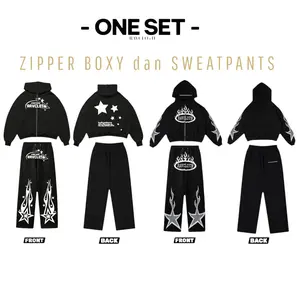 RAVCLOTH One Set Hoodie Zipper Boxy & Sweatpants Hitam Sport Unisex Catton Fleece 280gsm 300gsm Setelan Keren Distro Pria Wanita Katun Tebal Jogger Casual Crewneck Celana Dewasa