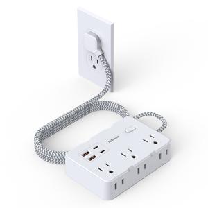 フラットプラグ付き過電圧保護電源タップ、長さ約1.5mの編み込みフラット延長コード、幅広く使える6つのコンセント、USBポート4つ（うちUSB‑Cは2つ）、オフィス・旅行・寮など向けの壁掛け対応