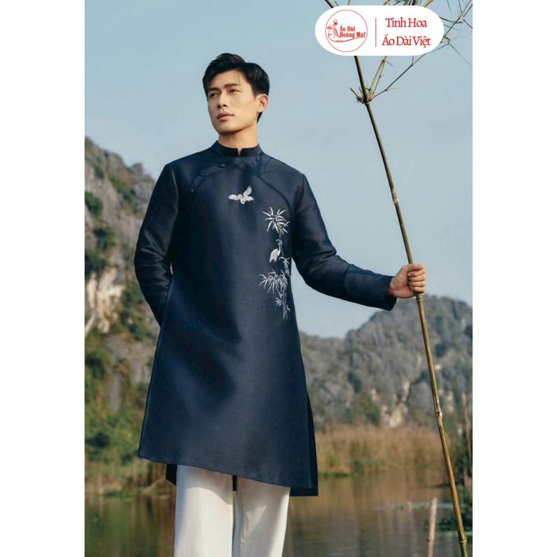 Áo dài cách tân nam Trúc Quân Tử vải dạ xước cao cấp gấm thượng hải phối tuyết mưa thêu size S – 5XL Áo Dài Hoàng Mai