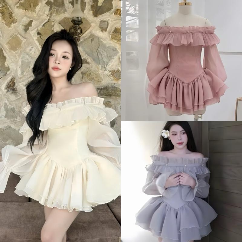 Váy Công Chúa Trễ Vai Đính Ngọc Tay Bồng Dáng Xòe Tiểu Thư,Đầm Body Hở Vai Sang Chảnh Đi Tiệc Đi Chơi Cá Tính Dễ Thương vaynudep