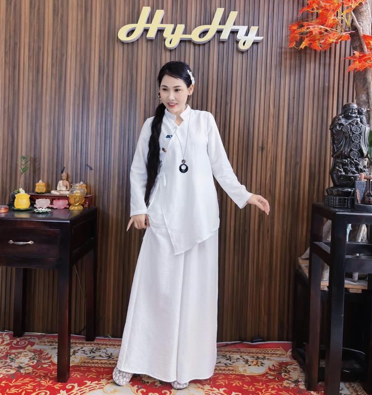 Diệu Tâm - Bộ Pháp Phục Lễ Chùa Nữ Bigsize Đắp Chéo Nút Phối Màu-HyHy