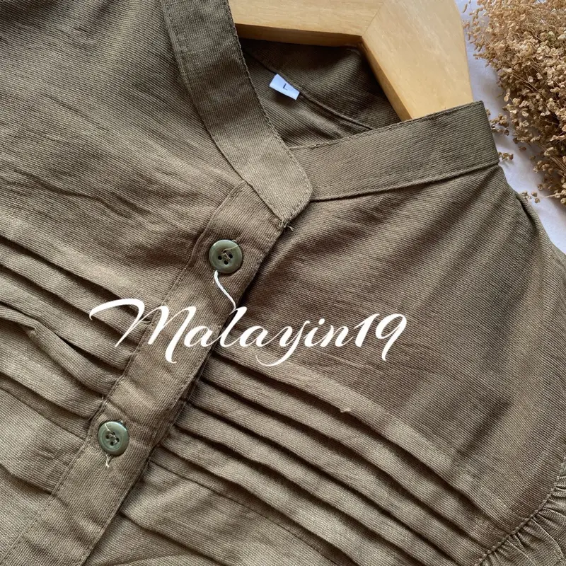 Malayin19 Mecca blouse kemeja wanita polos linen kekinian Baju kerja atasan panjang muslim dewasa Casual Formal Kerah Nyaman Basic Santai 8