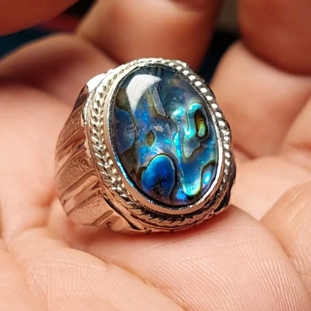 Cincin rainbow shell selandia / akik rambo cangkang kerang albalone shell Ring alpaka