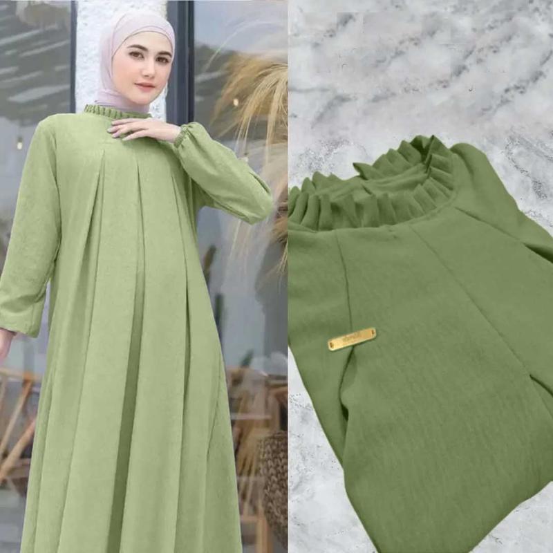 Abaya Gamis Lebaran Wanita  Dewasa Remaja  Muslim Crinkle Airflow - Nyaman dan Elegan - Mewah Tangan Kombinasi Lembut Kaftan Syari Dress Basic 0