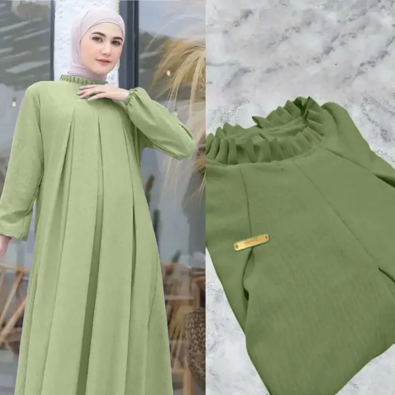 Abaya Gamis Lebaran Wanita  Dewasa Remaja  Muslim Crinkle Airflow - Nyaman dan Elegan - Mewah Tangan Kombinasi Lembut Kaftan Syari Dress Basic 0