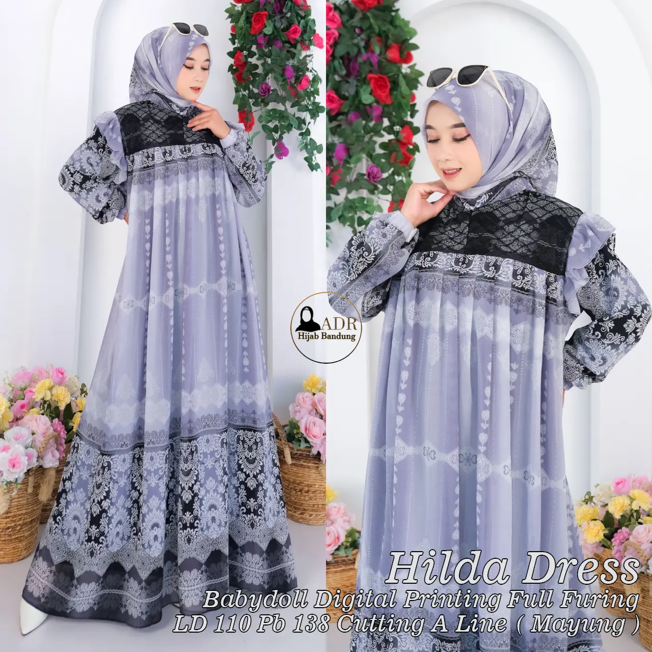 Hilda Dress Gamis Ceruty Print Busui dan Wudhu Friendly FREE Kerudung SegiEmpat