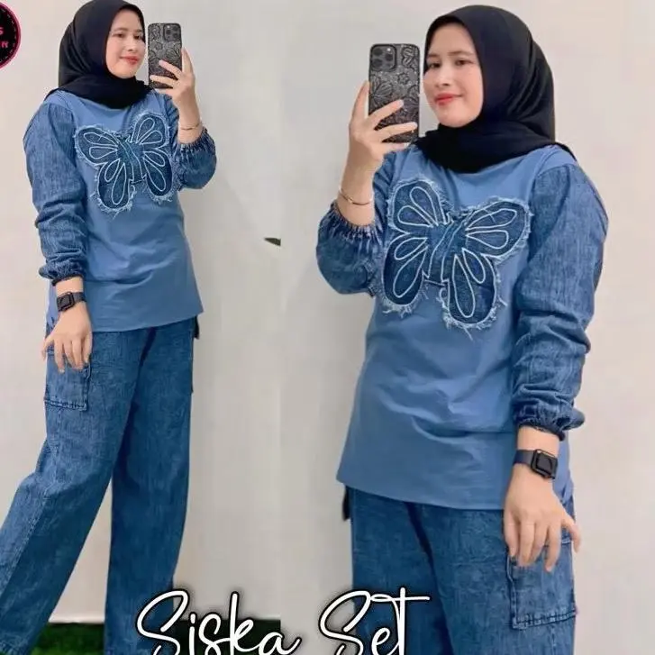 Baju Setelan Jeans Wanita Jumbo LD 120 Dewasa Atasan Kaos Combed 24s, Bawahan Celana Jeans Kulot Cargo Panjang Motif Sablon Adem dan Nyaman 0