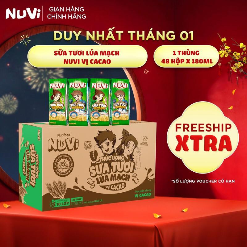 Thùng 48 Hộp Thức Uống Sữa Tươi Lúa Mạch NuVi Vị Cacao 180ml