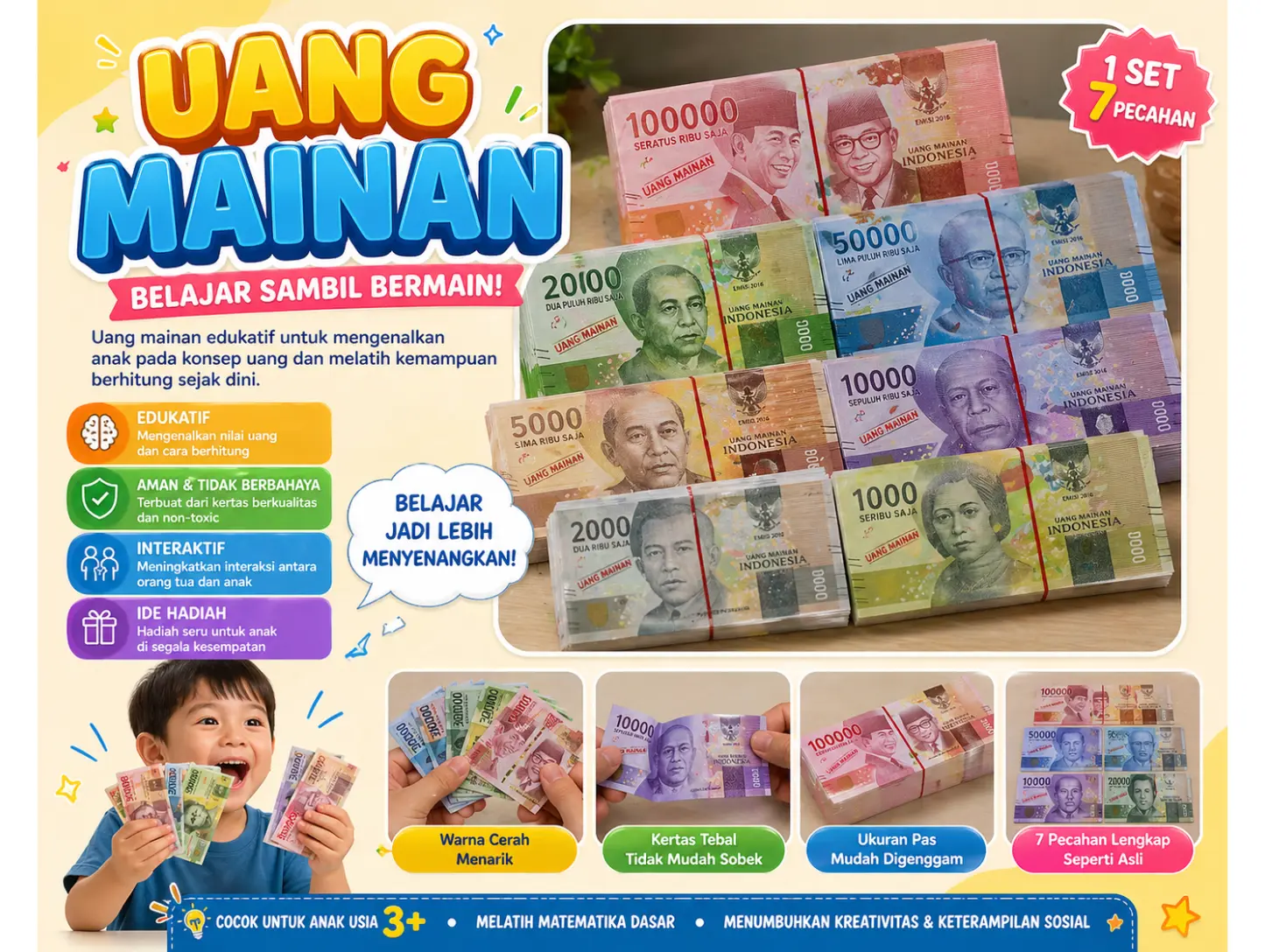 mainan  uang uangan  untuk mengedukasi anak anak isi 65 lembar