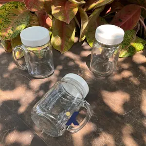 Mason Jar Kaca 450ml Tutup Putih & Gagang | Gelas Jar Estetik | Gelas Mug Cafe Souvenir