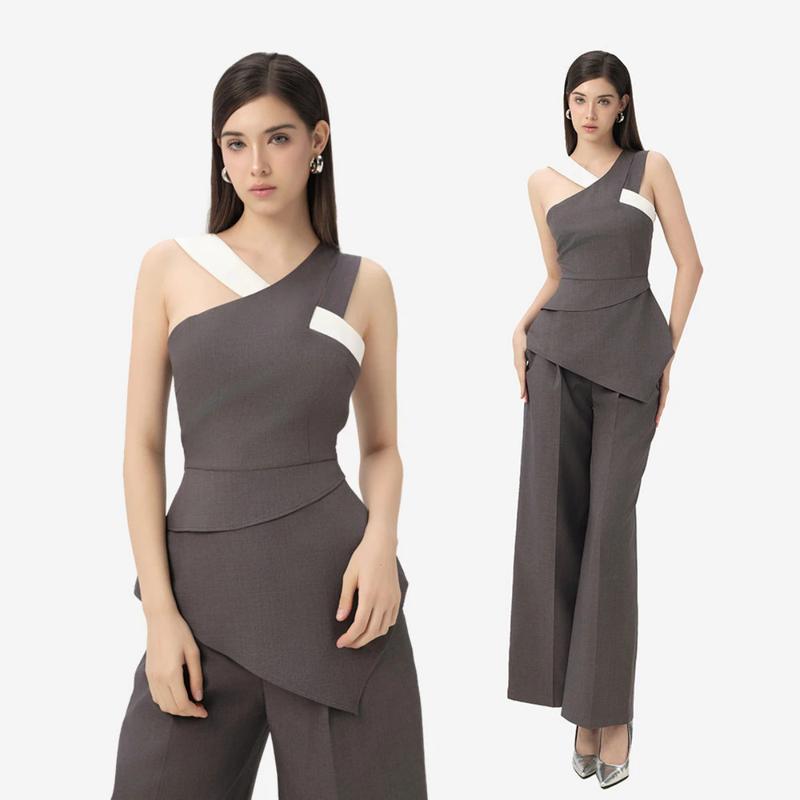  RECHIC Áo kiểu Rivie phối đan cổ chiết eo vạt tà chéo sang trọng thanh lịch 