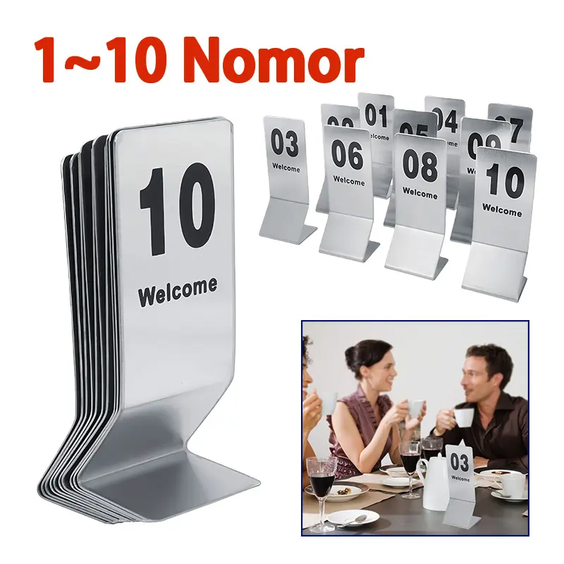 10pcs Nomor Meja Restoran Stainless Steel Nomor Meja Makan Nomor 1-10 Nomor Meja Cafe Untuk Coffee Shop Restaurant