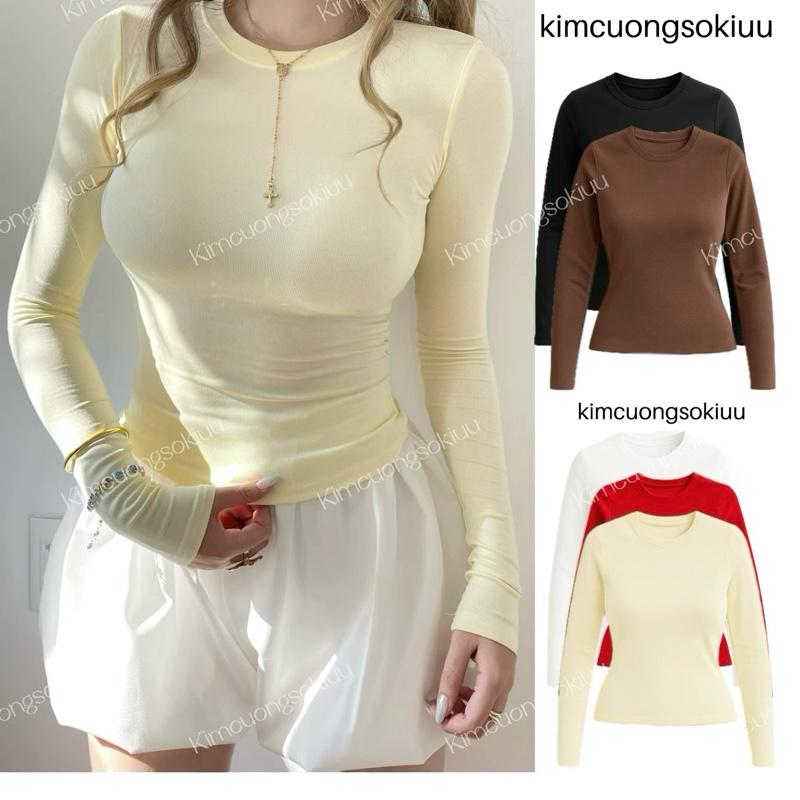 Áo Thắt Eo Dài Tay Ôm Kimcuongsokiuu Cotton Trơn Nữa S/M/L - Women, Top Cổ Tròn