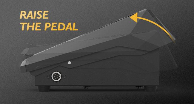 Illustration of raising the foot pedal to decrease current and finish the weld
