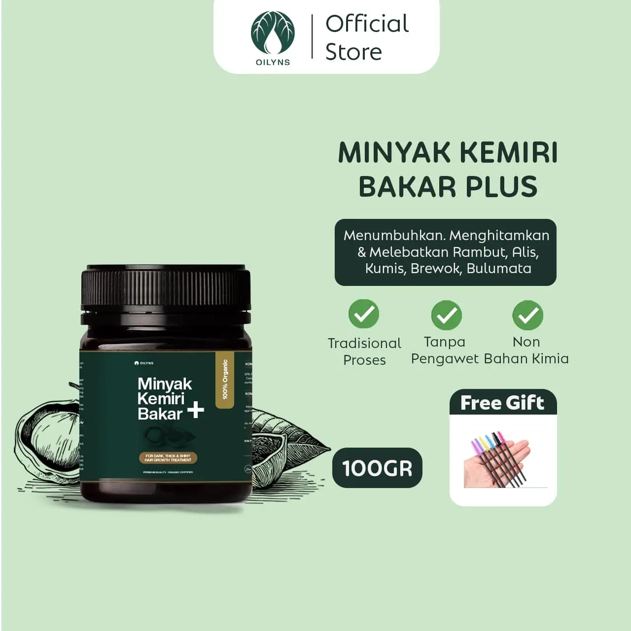 Oilyns - Minyak Kemiri Bakar PLUS 100gr - Penumbuh Rambut, Brewok, Kumis, Jenggot, Alis & Bulu Mata, Menghitamkan, Menebalkan, Melembutkan & Melebatkan