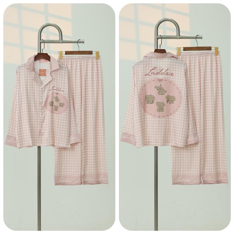 Bộ ngủ pijama Ládder (không túi ) quần dài tay dài caro hồng cam nhạt hoạ tiết Voi con