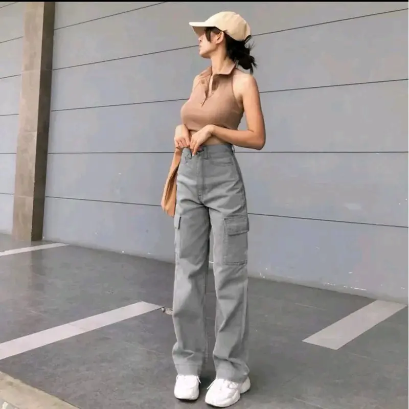 Highwaist Jeans Cargo Loose Hangover Celana Cargo Jeans Highwaist Terbaru Grey Panjang Korean regular kulot