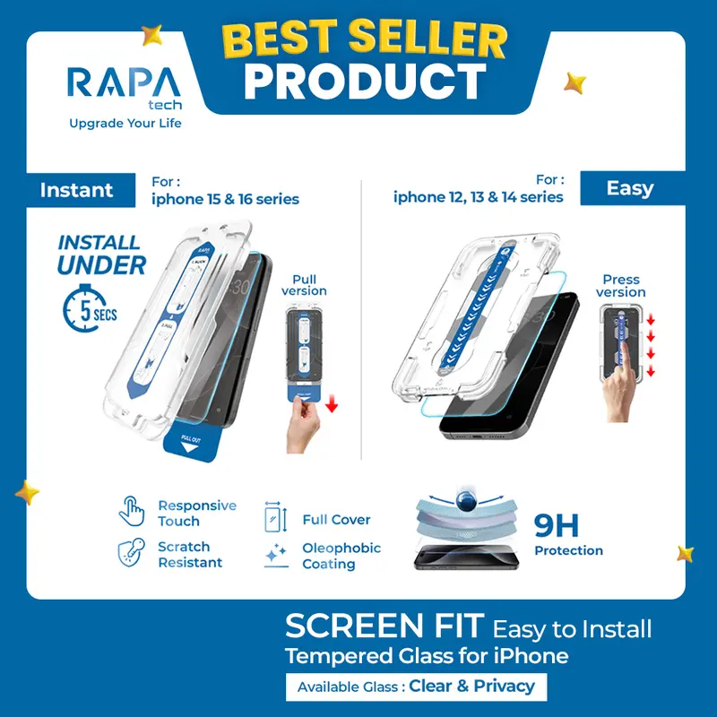 RAPA tech Premium Tempered Glass for iPhone 16/ 15/ 14/ 13/ 12/ 11/ XR/ 16+/15+/ 16pro/ 15pro/ 13pro/ 12pro - Instant Fit Easy Fit Premium Screen Protector Clear Privacy Easy Installation in 5 Sec 0