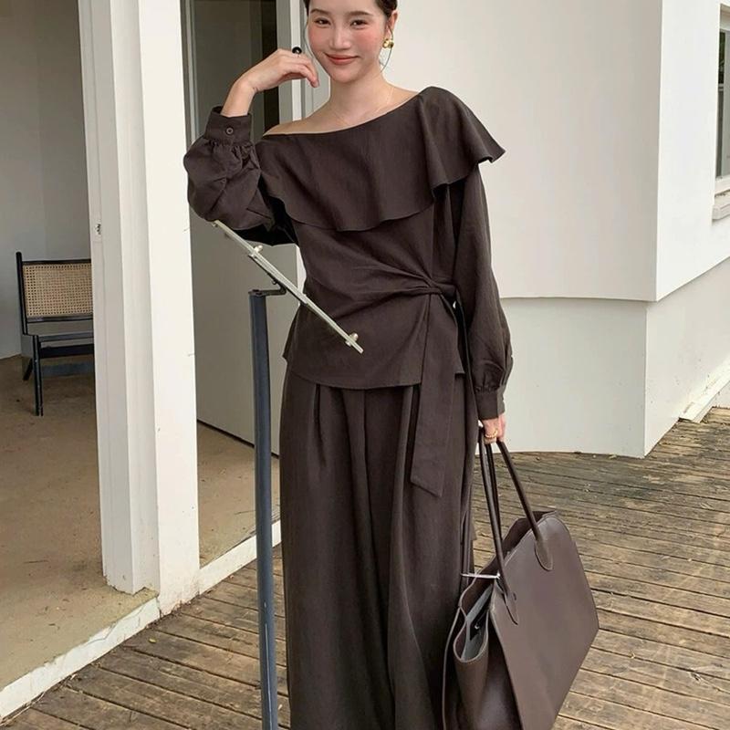 Set ÁO TRỄ VAI CỔ BÈO Thắt Eo Mix Quần Dài Dàng Xuông - Hân Linh shop