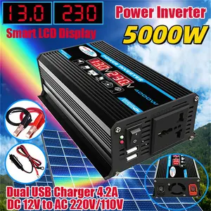 5000W Mobil Inverter Modified Sine Wave 12V Ke 220V Dual USB Universal Socket Solar Inverter Tampilan Mobil Kuning dengan 2 Port USB dan Stopkontak AC Ideal untuk Liburan dan Perjalanan